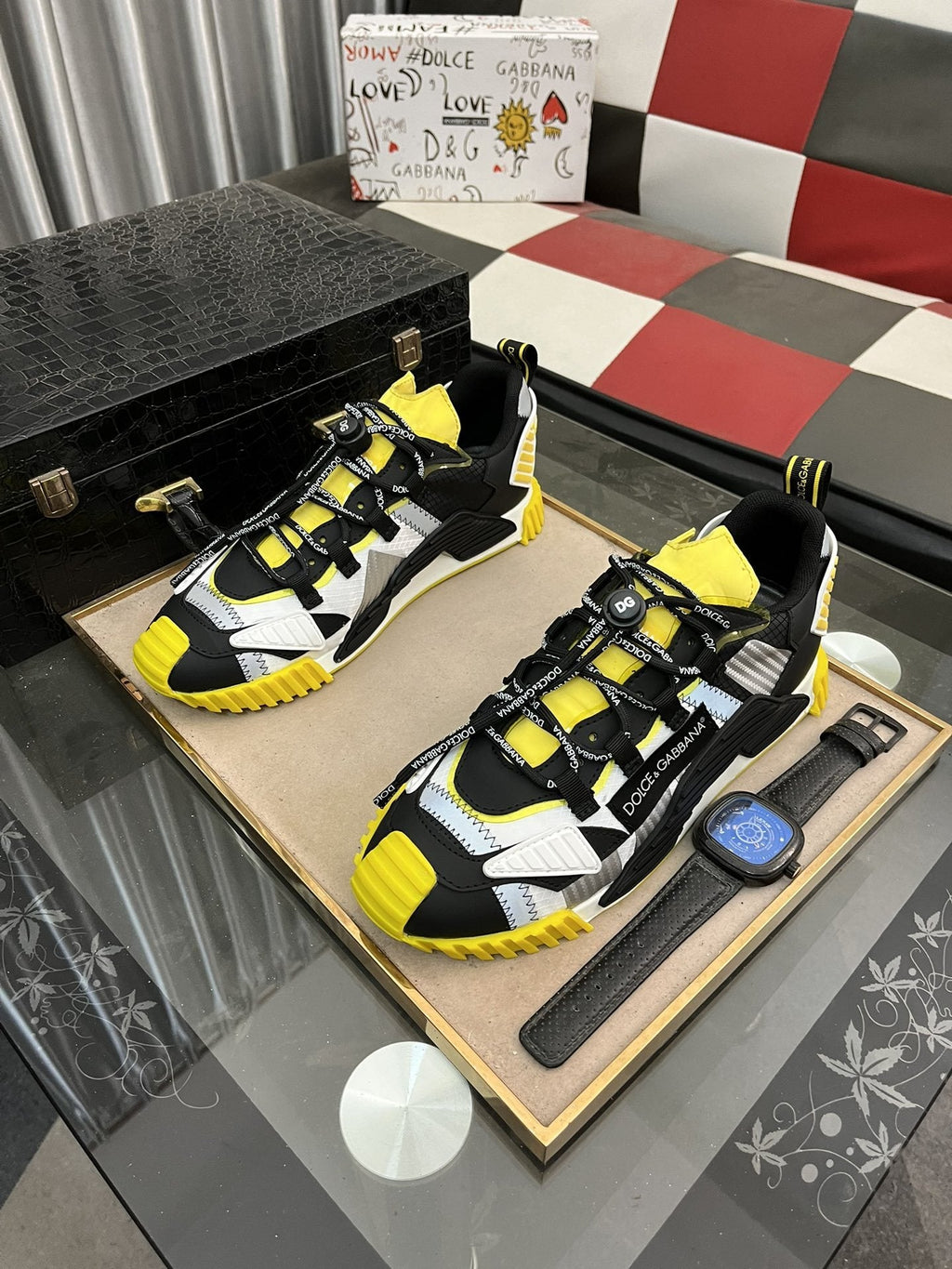 Dolce & Gabbana Black, White & Yellow Chunky Sneakers — hero